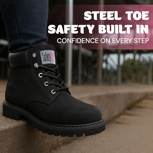 Image of Safety Girl Women's Work Boots | Water Resistant Leather Work Boots for Women | Oil & Slip-Resistant Black, Steel Toe Boots for Women | Premium Nubuck Lightweight and Comfortable | Black - 12M