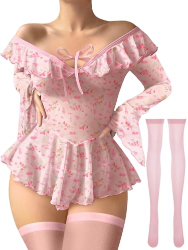 Image of Foxiny Sheer Ruffle Long Sleeve Babydoll Lingerie Dress | Off-shoulder neckline, flared cuffs and a flounce hem add movement; thong and thigh-high stockings complete the 3-piece set