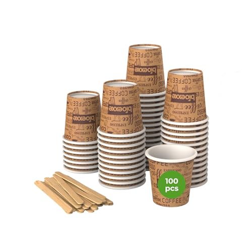 bioexxe Kit Completo 100 Pz Bicchierini Caffè espresso Carta 75ml + 100 Pz Palette Monouso Ecologici Biodegradabili - usa e getta Sostenibili (marroni)