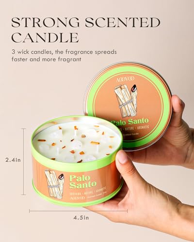 Image of AOOVOO Palo Santo Candle for Meditation & Cleansing - 3 Wick 12oz Scented Candle with White Crystals & Palo Santo Inside, Non-Toxic Soy Candle for Spiritual Healing, Aromatherapy Gift for Women & Men