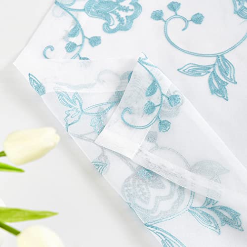 Image of Sheer Curtains Floral Embroidery Blue 84 Inch Long Rod Pocket Lace Drapes for Living room, Bedroom, 2 Panels, 52 inchx84 inch, Semi Voile Pattern Outdoor Window Treatment Sets for Yard, Patio, Villa, Parlor.