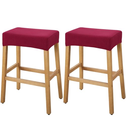 Image of YISUN Stool Covers Rectangle - 2 Pack Stretch Waterproof Saddle Seat Cover Counter Bar Stools Bar Chairs Covers Kitchen Island Chairs Cushion Protector (2, Wine Red)