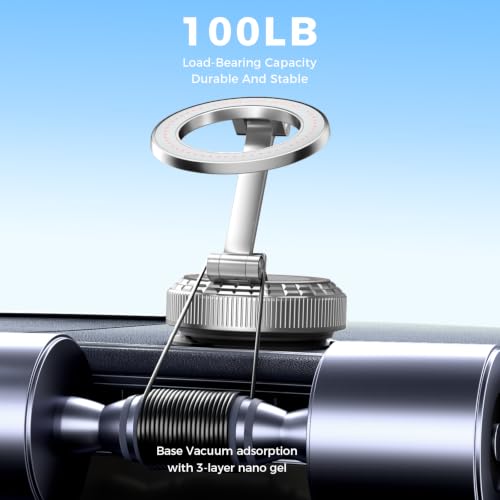 Image of Metal Magnetic Car Phone Holder, 360 Adjustable Magsafe Car Phone Mount, Vacuum Suction Cup Phone Holders for Your Car for iPhone 17-12 Pro Max Air Plus & Android (Silver)
