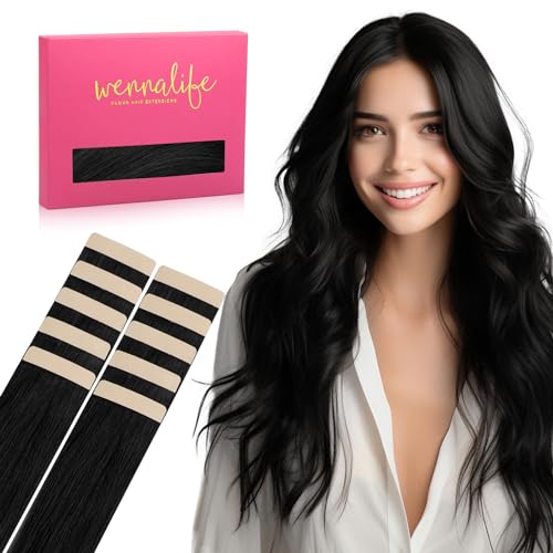Image of Wennalife Tape in Hair Extensions Human Hair Jet Black Tape in Extensions, 10pcs 20g 10 inch Remy Invisible Tape Ins Straight Colored Soft Real Human Hair Tape in Extensions Refill Set Extensions