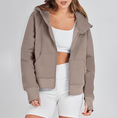 Timuspo Kapuzenpullover Damen Herbst Winter Fleecejacke Sweatjacke Hoodie Kapuzen Strickjacke Einfarbig Basic Sweatshirt Hellbraun XL