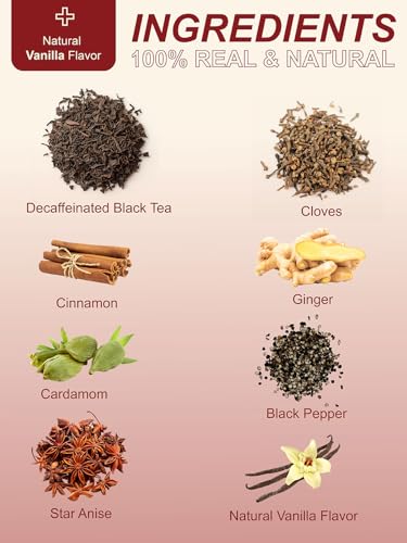 Image of TeeLux Vanilla Decaf Chai Tea Bags, Decaffeinated Black Tea with Cinnamon, Ginger, Cardamom, Natural Vanilla Flavor, Full-bodied & Spicy Flavor, 100 Count