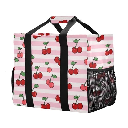 Pink White Striped Fruit Cherry Utility Tote Bag For Women Collapsable Waterproof Canvas Beach Bag Tote2