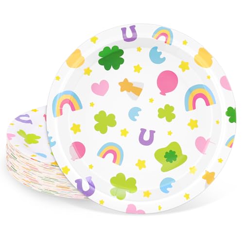 Whaline 40 Pcs St. Patricks Day Lucky Charm Paper Plates Disposable Plates 9 Inch Funny Cartoon Party Tableware for Irish Holiday Birthday Baby Shower Table Supplies