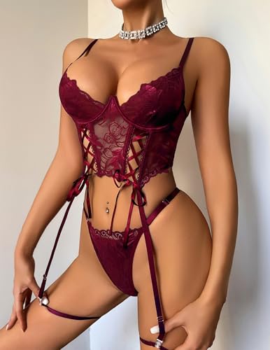 Image of Avidlove Women's Lingerie 4 Piece Garter Lingerie Floral Lace Bra and Panty Sets with Underwire S-XXL