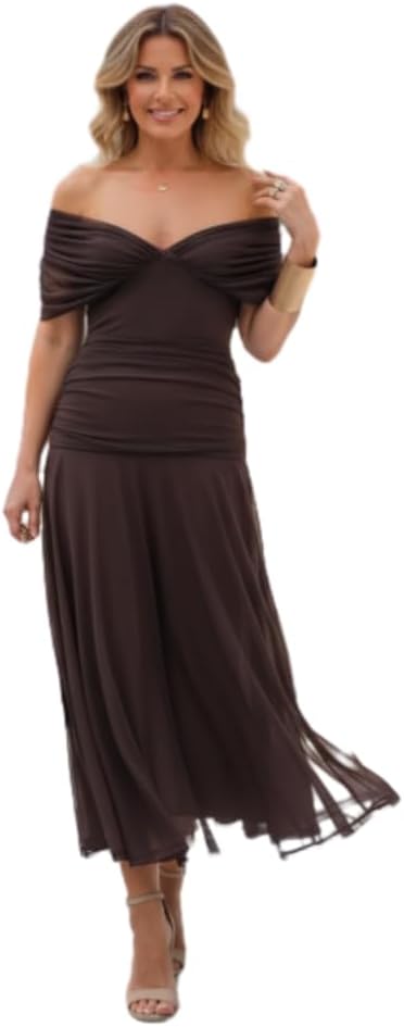 Women's Off Shoulder Floral Chiffon Wrap Maxi Dress Lined Ruched Waist Elegant Wedding Guest Evening Party Dresses