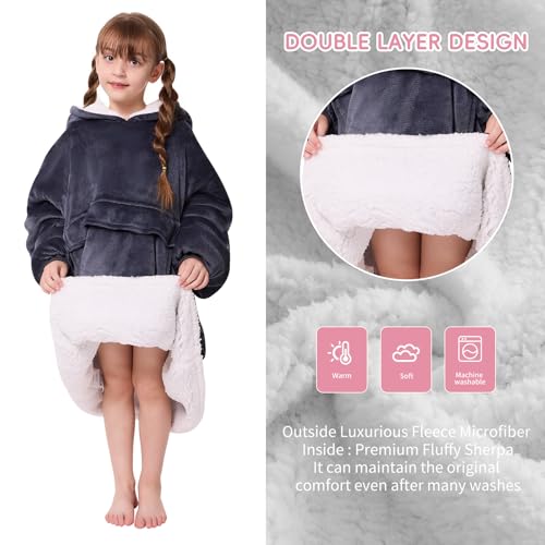 yescool Wearable Blanket Hoodie Kids, Oversized Blanket Sweatshirt with Sherpa Teen Girl Gifts for Kids, Youth, Boys, Girls, 8-15 Year Old Girl Boy Gift Warm Teen Wearable Blankets, One Size, Grey