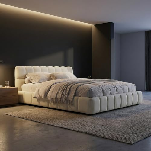 BRILVERDE Lit Bubble 140x200 cm, avec sommier à Lattes et Dossier, lit Double rembourré, avec Bordure rembourrée, Cadre de lit pour Adolescent, Lin, Beige, sans...