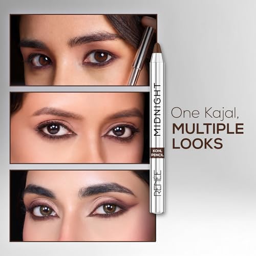 Image of RENEE Midnight Mini Kohl Pencil - Brown, One-Swipe-Application with rich color Payoff, Smudgeproof and waterproof, Enriched with Vitamin E, Olive Oil and Castor Oil, 0.8g