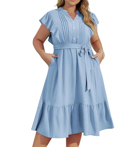 Damen-Midikleid mit V-Ausschnitt und Knopfleiste Übergröße Rüschenärmel lässiges Kleid für Damen einfarbig süßes A-Linien-Kleid mit Belt Hellblau 54