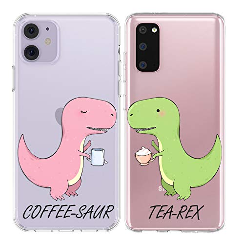 Vonna Matching Couple Cases Replacement For Iphone 14 13 Pro Max 12 Mini 11 Pro Xs 6S 8 Plus 7 Xr X Se Clear Coffee-Saur Hilarious Dinosaur Pair Silicone Soft Friends Tea-Rex Trex Design Print P0156 #TOP2
