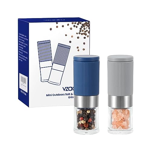 Vzaahu Mini Salt and Pepper Grinders 2 Set including Ceramic Core Cinnamon,Adjustable Coarseness,Color Grey and Blue,Portable,Refillable Spice Mills