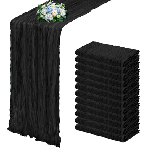 RealBox 12 Pack Black Cheesecloth Table Runner 17x108 Inch Semi Sheer Boho Gauze Cheese Cloth Fabric Table Runners for Wedding Party Baby Shower Birthday Home Decor Garden Farmhouse