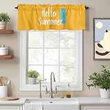 Kitchen Valances for Windows, Hello Summer Text Ice Cream on Orange Valance Curtain Rod Pocket Valance, Seasonal Holiday Theme Short Curtains Window Topper for Bedroom Bathroom Living Room 54x18in