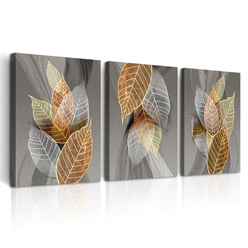DZRWUBHS Abstract Leaves Wall Paintings - Artwork Inspiration for Living Room, Bedroom, Kitchen & Office - 3 Piece Canvas Wall Art
