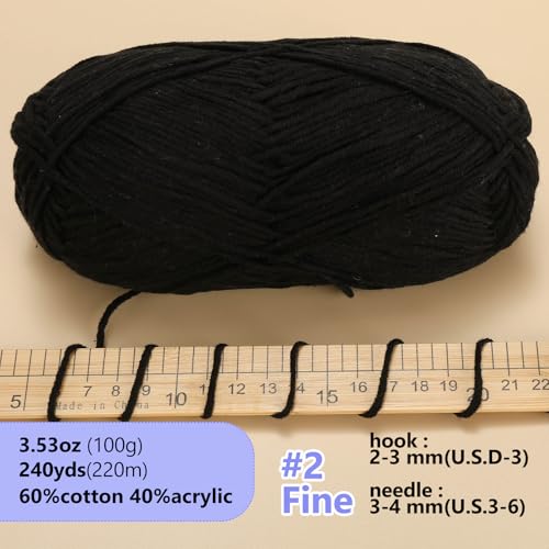 Image of LUCKY BALL Milk Cotton Yarn, 100g / 240 yd 60% Cotton 40% Acrylic #2 Fine Sport Yarn, Soft Crochet & Knitting Yarn for Amigurumi Dolls, Baby Items, Flowers, Hats, Sweaters, Blankets (Black)