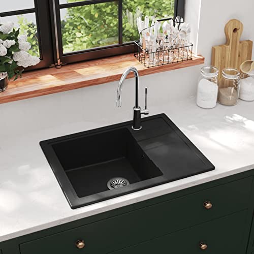 Snsowed Fregadero de Cocina con rebosadero Ovalado Granito Negro, Mueble Pila Lavadero, Pila Fregadero Cocina, Fregadero sobre Encimera, Fregadero Baño Encimera, Picas De Cocina