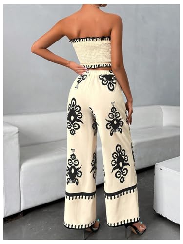 WDIRARA Women's 2 Piece Outfits Sleeveless Strapless Smocked Crop Tube Top and Graphic Wide Leg Pants Set2