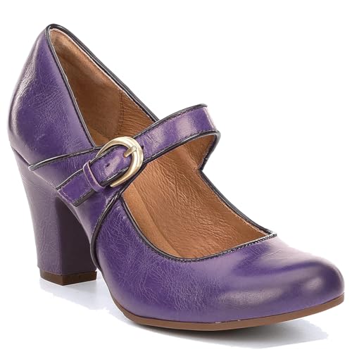 Image of SHODENSE Women Vintage Chunky High Heel Mary Jane Shoes Round Closed Toe Ankle Strap Dress Sandals 3 inch Block Heels Mary Jane Lolita Pumps Two-Toned Patchwork Buckle Office Lady Wedding Retro 4-11 M US