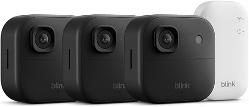 Blink Outdoor 2K+ (modelo más reciente): cámara de seguridad inteligente e inalámbrica, video 2K, visión nocturna a color, 2 años de pila. Incluye Módulo de sincronización básico — 3 cámaras (negro)