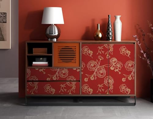 Image of Red and Gold Rose Wallpaper - Self Adhesive Peel and Stick Floral Wall Stickers, Waterproof PVC Vinyl Decorative Paper for Home, Bedroom, Living Room & Furniture (45cm x 300cm)