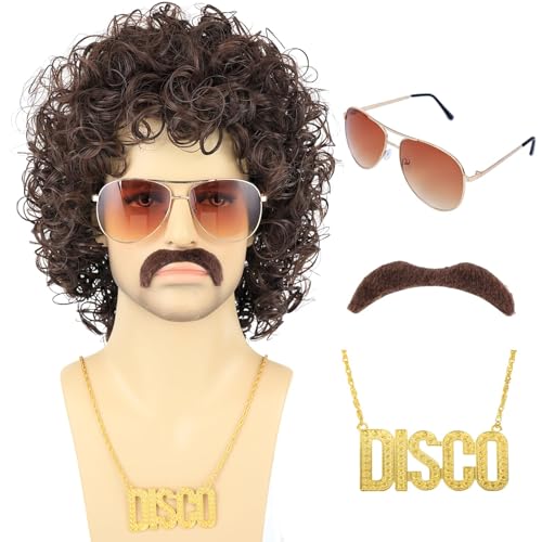 Bettecos 80s Short Brown Curly Wig for Men with Mustache Glasses and Chain 70s Mullet Wig with Curl for Rocker Halloween Costume Cosplay (Brown)