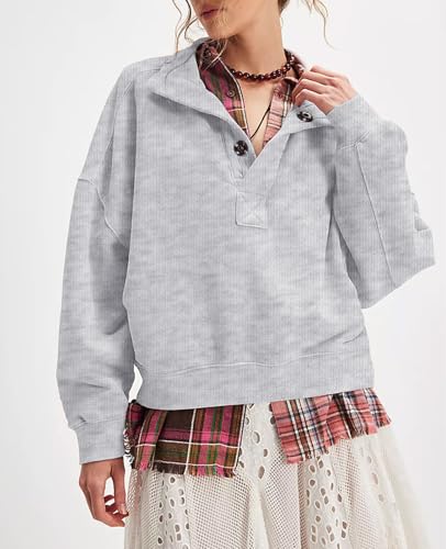 Gnveub Sweatshirt for Women Oversized Henley Neck Long Sleeve Button Pullover Tops Trendy Outfits Clothes(LightGrey,XL) - image 6
