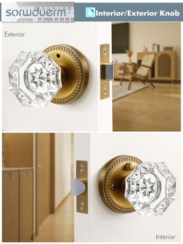 SORWDUERM Antique Brass Door Knobs Crystal Door Knob Interior Privacy Door Knob for Bedroom and Bathroom Glass Door Knob,Zinc Alloy 1 Pack - Image 5