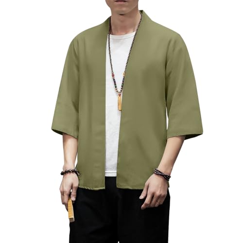 Mens Kimono Cardigan Cotton Linen Japanese Kimono Jacket 3/4 Sleeve Haori
