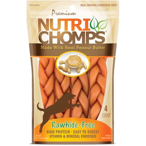NutriChomps Dog Chews, 6-inch Braids, Easy to Digest, Rawhide-Free Dog Treats, Healthy, 4 Count, Real Peanut Butter Flavor