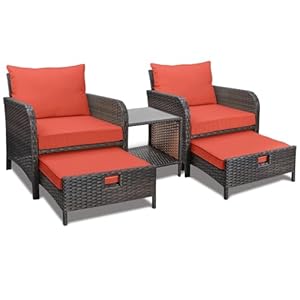 LEVELEVE Balcony Furniture 5 Piece Patio Conversation Set PE Wicker Rattan Outdoor Lounge Chairs with Soft Cushions 2 OttomanGlass Table for Porch Lawn Brown Wicker