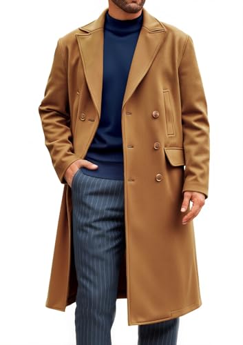 Image of Runcati Mens Trench Coat Notch Lapel Slim Fit Double Breasted Casual Long Business Pea Coat Overcoat
