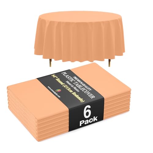 Image of Exquisite 66% Thicker Premium Peach Round Tablecloth 0.5 Mil 6 Pack Plastic Table Cloth Disposable 84 Inch Round Plastic Tablecloth Won't Tear Easily Like Cheap Thin Brands