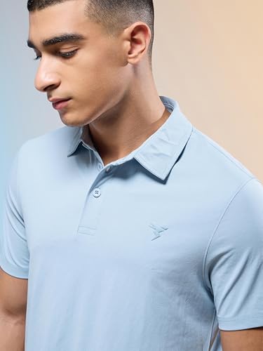 Image of TECHNOSPORT Men's Solid Slim Fit Polo Collar T-Shirt COTFLEX Half Sleeve Button Polyester for Gym Running Workout UPF50+ Anti Odour