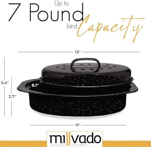 Roasting Pan With Lid, Turkey Roaster Pan, 13" Granite Oven Roaster Oval Shaped Speckled Enamel on Steel Cookware