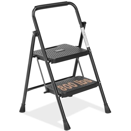 Sweetcrispy Folding 2 Step Ladder Stool - Lightweight, 800lbs Sturdy, with Anti-Slip Feet - Perfect for Home, Kitchen, and Office Use, Easy Storage and Portable Design