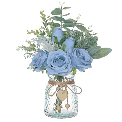 Rosas de seda con jarrón de cristal para centro de mesa de comedor 4