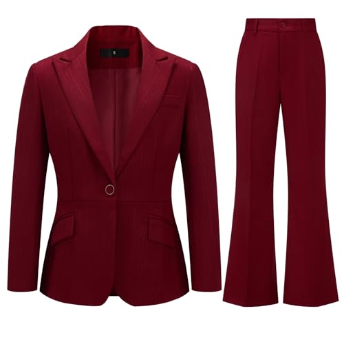 2 Piece Women Pants Suit Office Lady Pin Striped Business Formal Set Pinstripe Blazer Jacket Bootcut Pants Work Outfits Burgundy