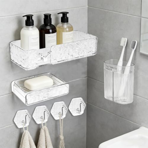 ELOEGO Acrylic Shower Shelves Shower Caddy Bathroom Shower Organizer for Bathroom Storage Home Decor & Kitchen No Drilling, with Soap Box, Toothbrush Holder