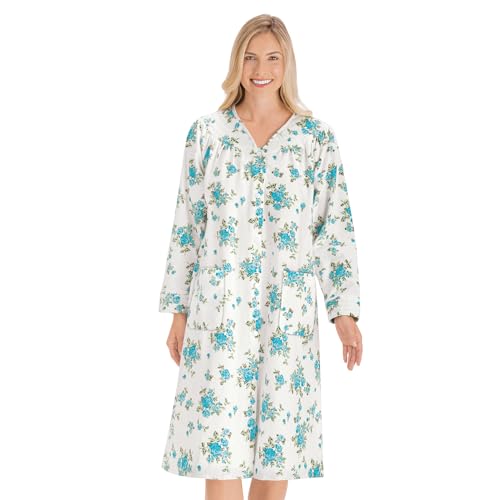 Collections Etc Floral Print Snap Front Long-Sleeve Flannel Robe with Pockets Mint
