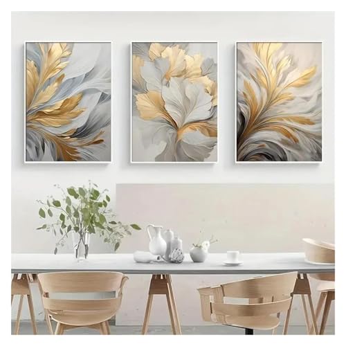 Tableau Déco Nature 3 pièces triptyque de feuilles blanches et dorées 30x40cm