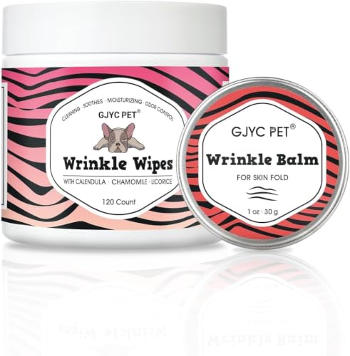 GJYC PET Wrinkle Wipes + Wrinkle Balm for Dogs | Bulldog French Bulldog Pug English Bulldog | Cleans & Soothes Wrinkles Folds Tear Stain Tail Pockets & Paws