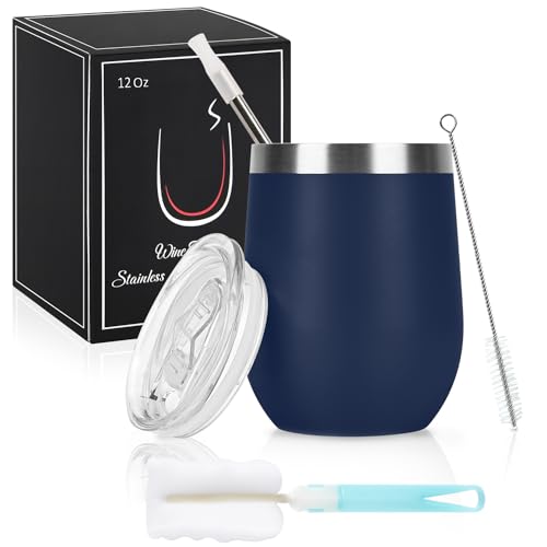 Joymaking 12oz Insulated Stainless Steel Wine Tumbler with Lid and Straw, Double Walled Wine Glass Tumbler Gift for Women, Great for Hot & Cold Drinks -Wine, Champagne, Coffee, Ice Cream, Dark Blue