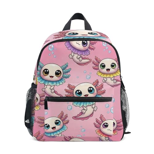 Backpack for Toddler Boys Girls, Cute Cartoon Axolotls Pink Travel Bookbag with Name Tag Mini Kids School Bag, 3-8 Years