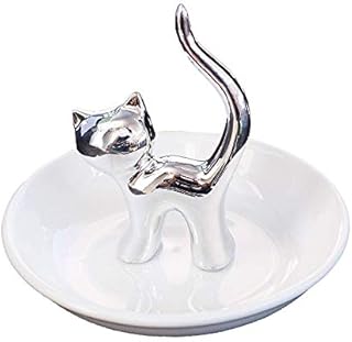 Lependor Silver Cat Ring Holder Ring Dish Jewelry Holder Rings Bracelets Earrings Trinket Tray for Women Girls Birthday Gift - Silver Cat