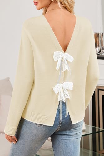Image of Cakulo Womens Bow Tie Sweater V Neck Cardigan Sweaters 2026 Lightweight Spring Fashion Knit Cardigans Outfits